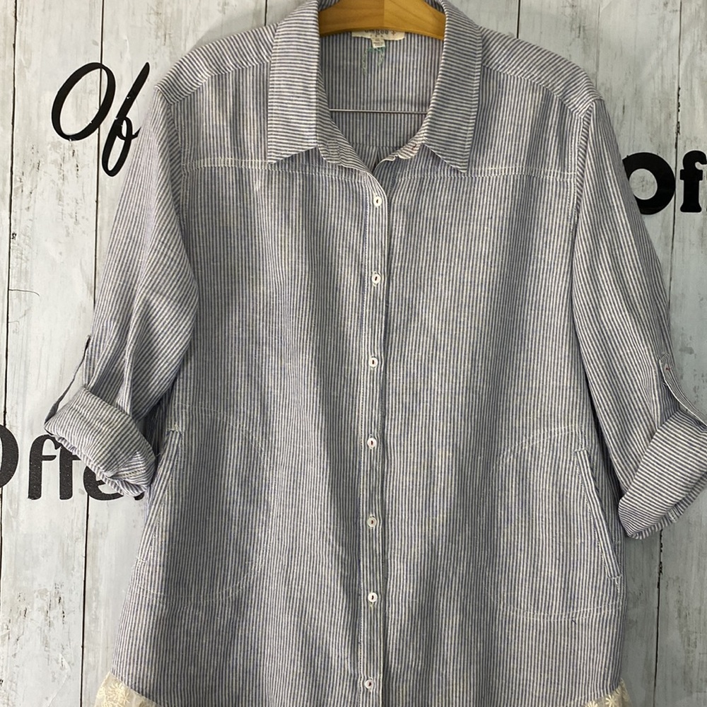 NWOT UMGEE Cotton Blend Seersucker & Lace Tunic Shirt with Pockets 1X - Picture 2 of 8